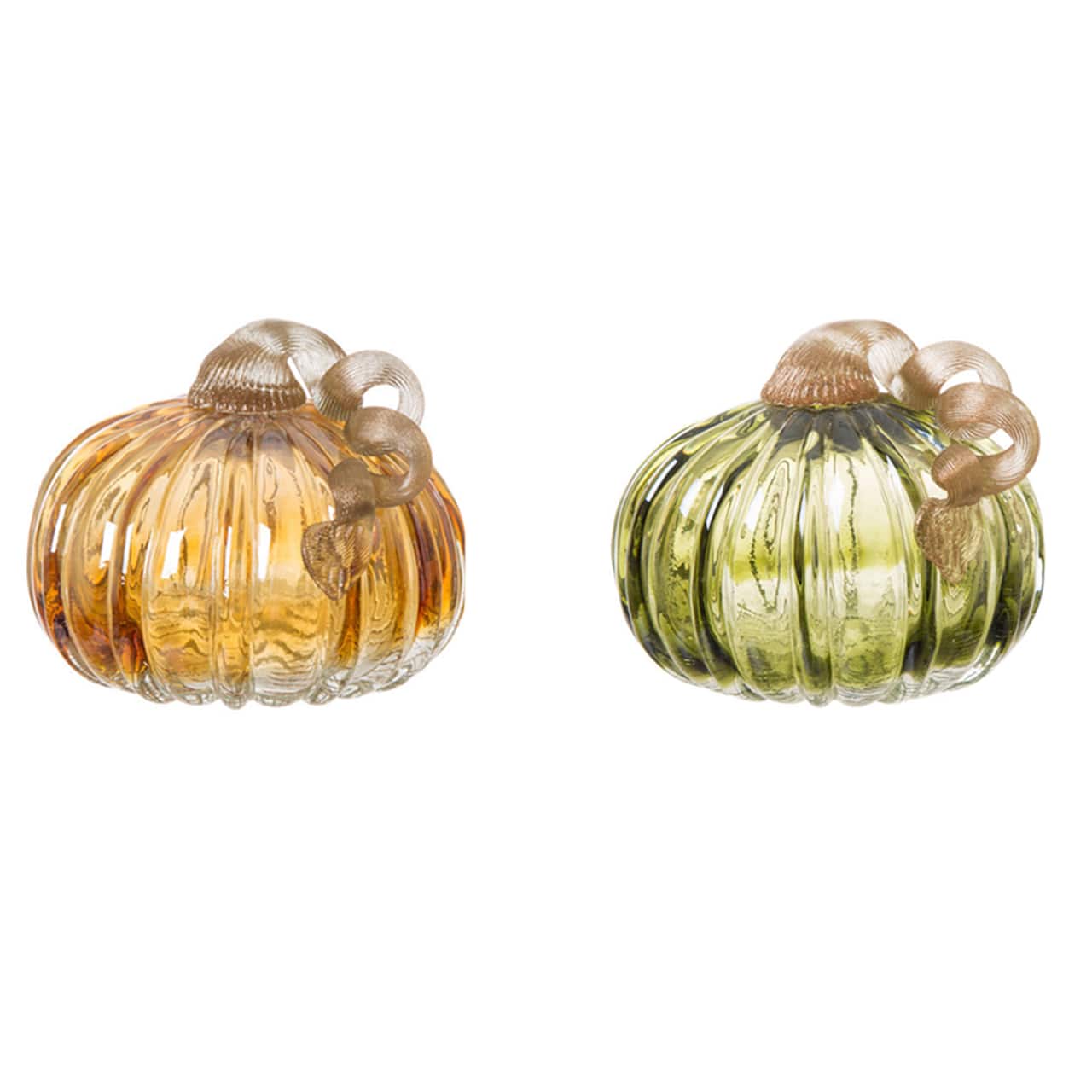 Glitzhome&#xAE; Green &#x26; Amber Crackle Glass Short Pumpkin Set